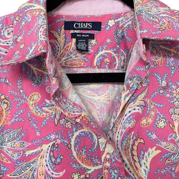 CHAPS Ralph Lauren Women's Pink No iron Paisley Dress Button Up Shirt Size Small - Picture 2 of 8